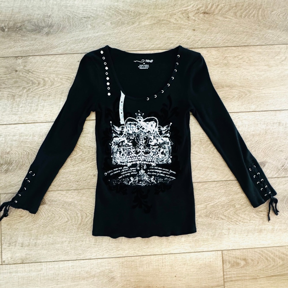 Black Long Sleeve Lace Up Embelished Velvet Felted Ribbed Shirt M Whimsigoth 90s